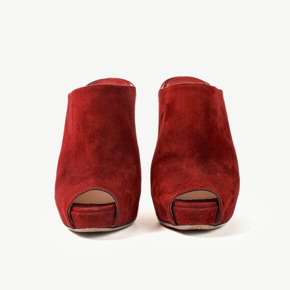 Prada Burgundy Suede Peep Toe Stiletto Heel Slide Mule Platform Pump - Picture 2 of 9